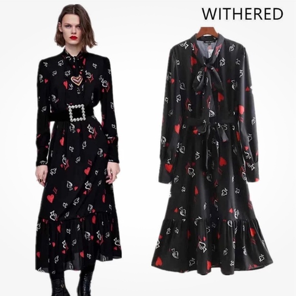 Zara Maxi dress goth Flowy Tie front Hearts Whimsical Novelty print XS Oversized - Picture 7 of 16